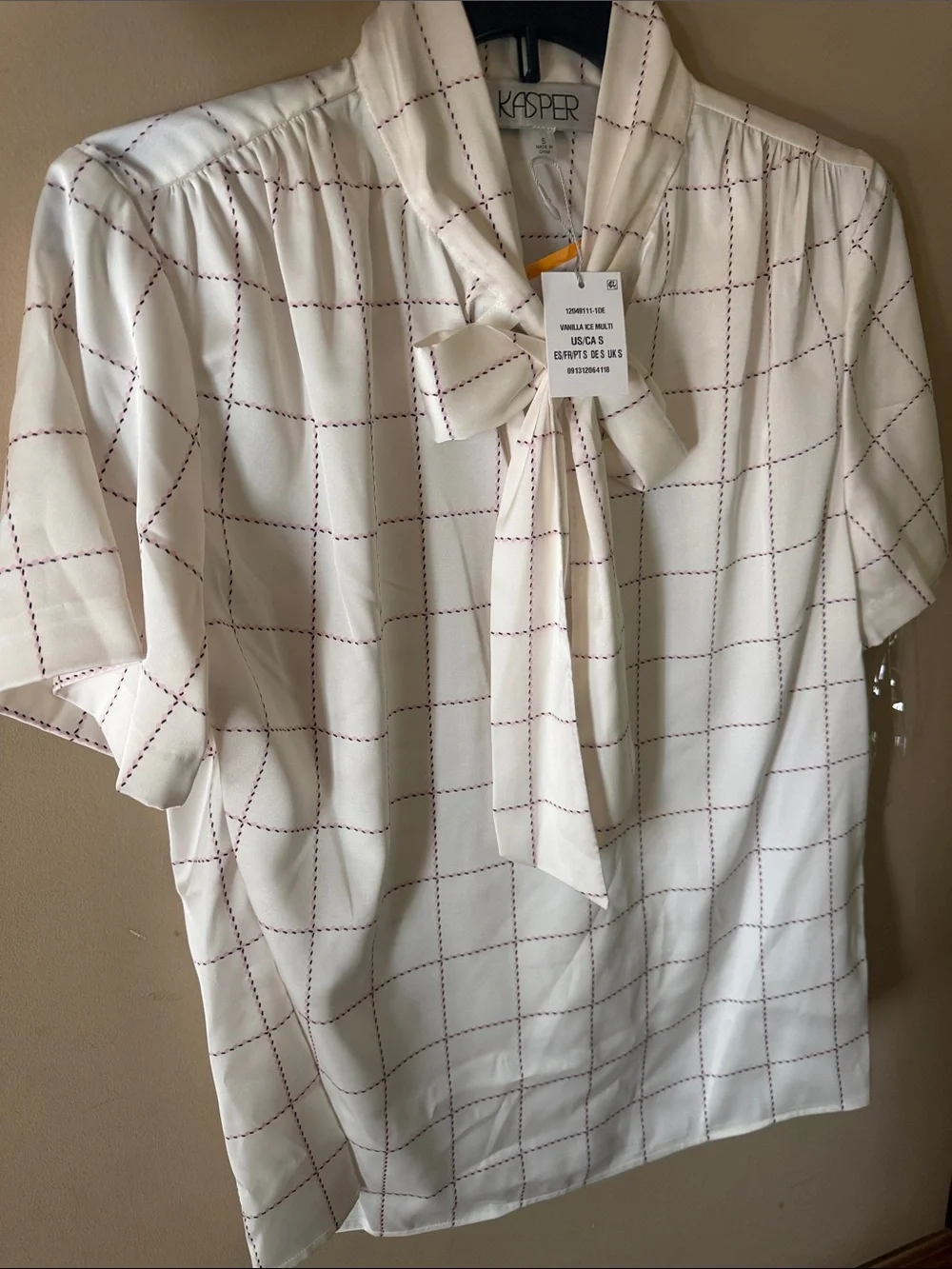 Kasper Cream Blouse with Burgundy Windowpane Pattern and Tie-Neck